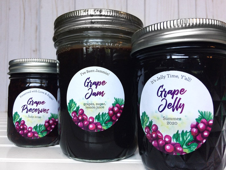 Custom Watercolor Grape canning labels, personalized round printed mason jar stickers for home canned jam jelly fruit juice & preserves image 2