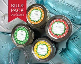 BULK PACK! 200 Bright Plaid canning labels, round colorful mason jar stickers for pickles, jam, jelly, salsa, & kitchen gifts for canners