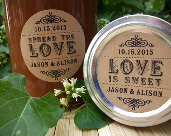 Spread the Love or Love is Sweet KRAFT paper canning jar labels, custom wedding labels, wedding anniversary & bridal shower favors