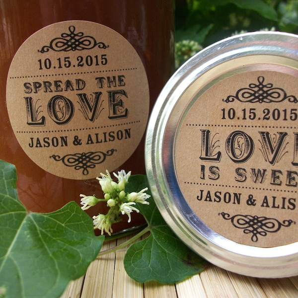 Spread the Love or Love is Sweet KRAFT paper canning jar labels, custom wedding labels, wedding anniversary & bridal shower favors