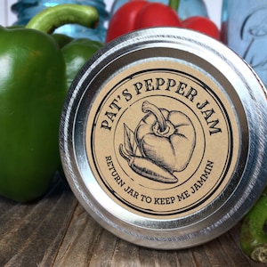Custom Apothecary Pepper canning labels for jelly, jam, hot sauce, BBQ, pickled or candied, round personalized printed mason jar stickers