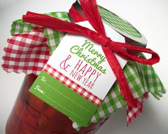 Christmas jam jar cloth covers, name tags & ribbon for mason canning jars, holiday gifts in a jar, red and green Christmas mason jar gifts