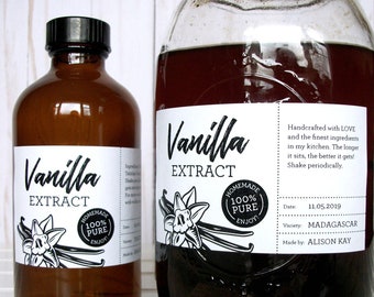 Custom Black & White Vanilla Extract labels, printed rectangle amber bottle and mason canning jar stickers for homemade kitchen holiday gift