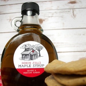 Custom Sugar Shack Maple Syrup Labels for backyard sugaring gifts, customized printed round canning jar & bottle stickers with sap house art image 7