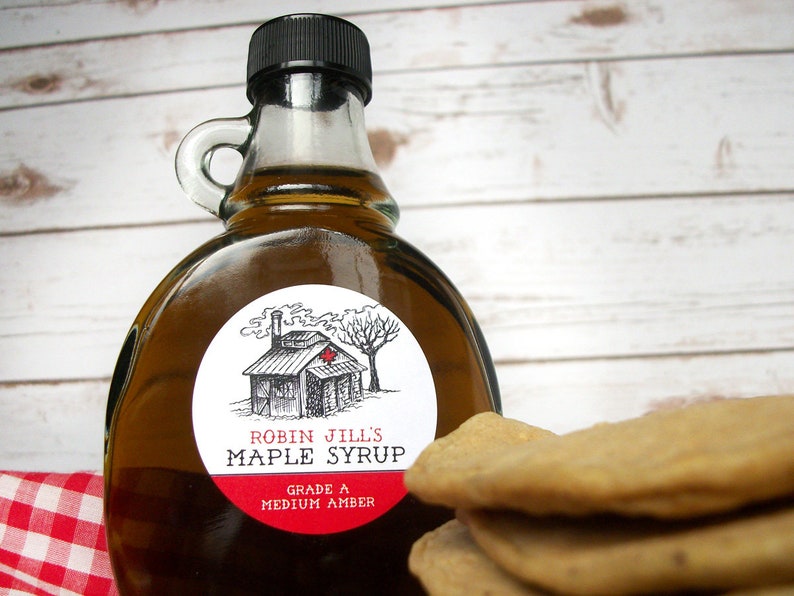 Custom Sugar Shack Maple Syrup Labels for backyard sugaring gifts, customized printed round canning jar & bottle stickers with sap house art image 7