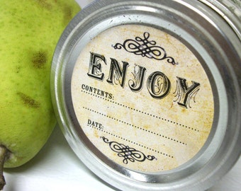 Vintage Enjoy canning jar labels, round mason jar stickers for fruit and vegetable preservation, jam and jelly jar labels