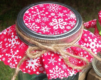 12 Red Snowflake Christmas Jam Jar Covers, fabric cloth toppers for mason jars, food preservation, holiday mason jars gifts, gifts in a jar