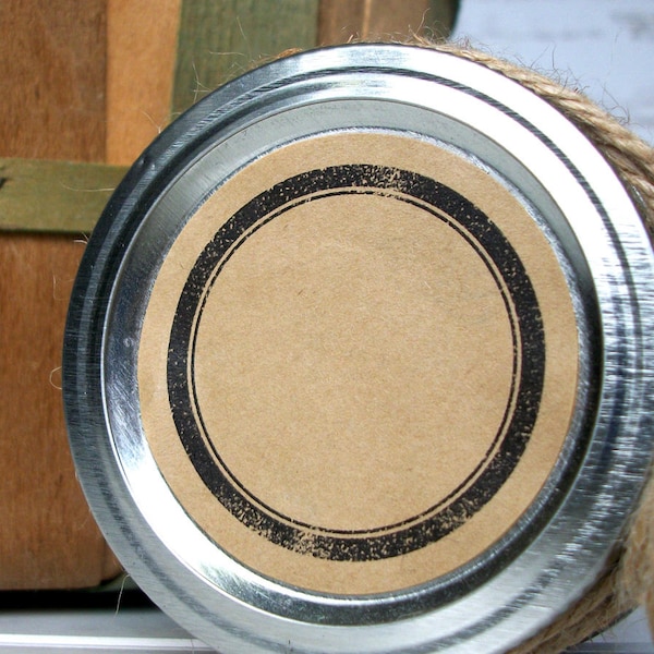 Black Ring KRAFT paper canning jar labels, round rubber stamp style mason jar labels for fruit vegetable herb & spices, grow your own food!