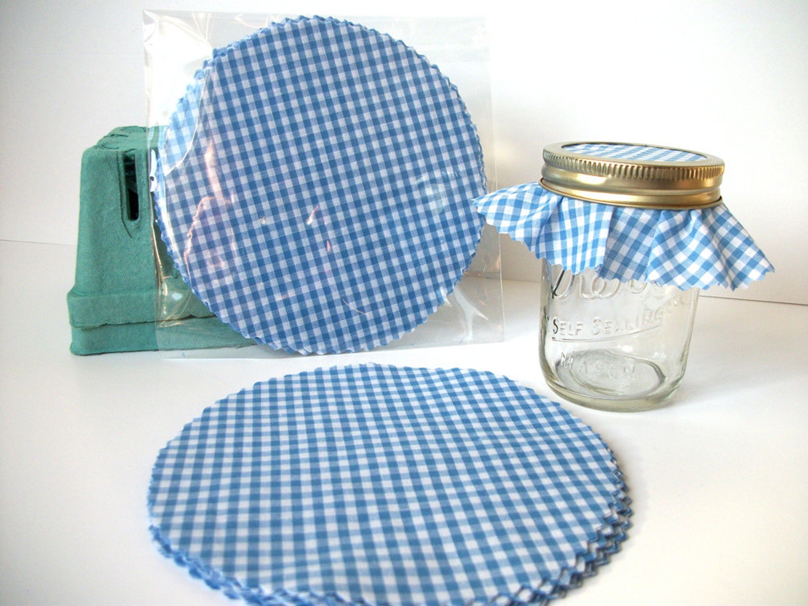 12 Blue Gingham Jam Jar Covers Fabric Jar Covers Cloth Etsy