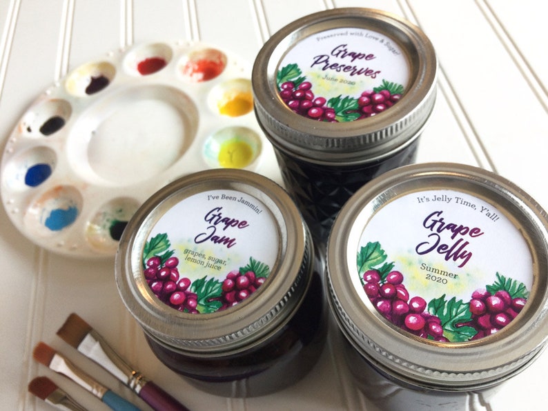 Custom Watercolor Grape canning labels, personalized round printed mason jar stickers for home canned jam jelly fruit juice & preserves image 4