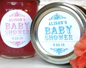 Colorful Baby Boy & Girl Shower favor jam jar labels, custom round canning jar stickers in vintage pink blue green neutral colors