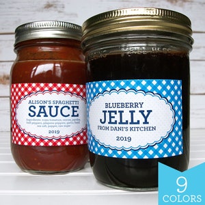 Custom Farmer&#39;s Market Gingham rectangle jam & jelly jar labels, printed personalized mason jar stickers, cottage food label gift for canner