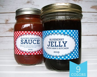 Custom Farmer's Market Gingham rectangle jam & jelly jar labels, printed personalized mason jar stickers