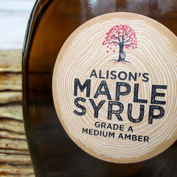 Custom Harvest Time Kraft Maple Syrup Labels, customized round maple syrup bottle stickers printed with YOUR name, mason canning jar labels