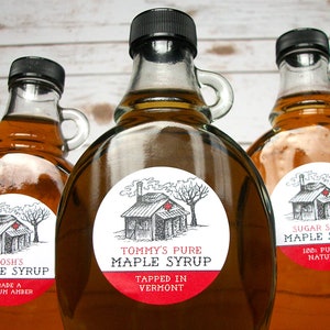 Custom Sugar Shack Maple Syrup Labels for backyard sugaring gifts, customized printed round canning jar & bottle stickers with sap house art image 3