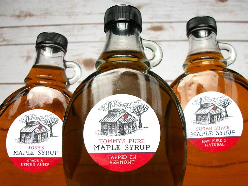 Custom Sugar Shack Maple Syrup Labels for backyard sugaring gifts, customized printed round canning jar & bottle stickers with sap house art image 3