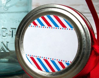 Stars & Stripes canning jar labels, round patriotic jam jelly jar labels for food preservation, red white and blue stickers, victory garden