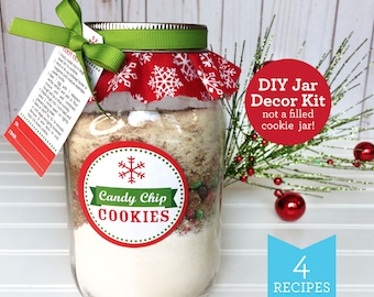Christmas Cookie Jar Decorations. Cookie mix in a jar recipe with ribbon, fabric, labels tags. 4 recipes available to make your own jar gift
