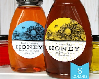 Étiquettes de miel florales vibrantes personnalisées, autocollants ronds pour pots et bouteilles de conserve de miel personnalisés et imprimés pour les apiculteurs, étiquettes de fleurs