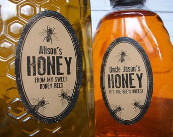 Custom large oval kraft Rubber Stamp Honey jar & bottle labels for backyard beekeeper gift, personalized bee stickers for mason canning jars