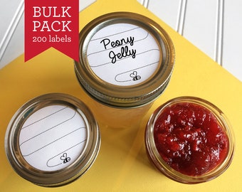 BULK PACK! 200 Sweet Bee canning labels, round black & white mason jar stickers for honey, jam, jelly, salsa, spices, kitchen pantry storage