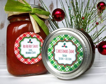 Custom Plaid Christmas canning jar labels, red & green holiday mason jar labels and gift stickers, personalized Christmas mason jar gifts