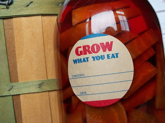 Grow What You Eat kraft canning jar labels, grow your own food round Victory Garden mason jar stickers, gifts for vegetable gardeners