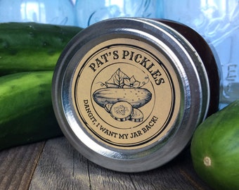 Custom Apothecary Pickle canning labels for relish, dill, sweet, bread & butter cucumbers, round personalized printed mason jar sticker gift