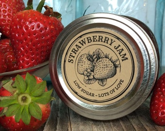 Custom Kraft Apothecary Strawberry canning labels for jam, jelly, preserves, sugar scrubs, round personalized printed mason jar stickers