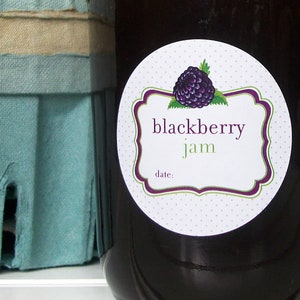 Blackberry Jam canning jar labels, round printed mason jar stickers for fruit preservation, regular & wide mouth mason jar labels