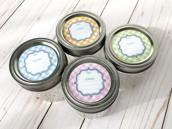 Cottage Chic Gingham canning labels, round printed blank mason jar stickers, pastel pink blue orange green jam jar tags