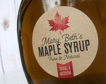 Custom Kraft Maple Syrup Leaf labels, custom maple syrup bottle labels printed with YOUR name, personalized round mason jar labels