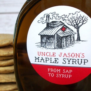 Custom Sugar Shack Maple Syrup Labels for backyard sugaring gifts, customized printed round canning jar & bottle stickers with sap house art image 1