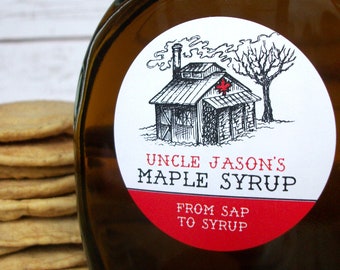 Custom Sugar Shack Maple Syrup Labels for backyard sugaring gifts, customized printed round canning jar & bottle stickers with sap house art