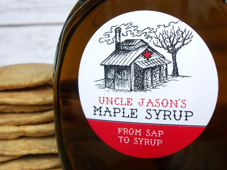 Custom Sugar Shack Maple Syrup Labels for backyard sugaring gifts, customized printed round canning jar & bottle stickers with sap house art image 1