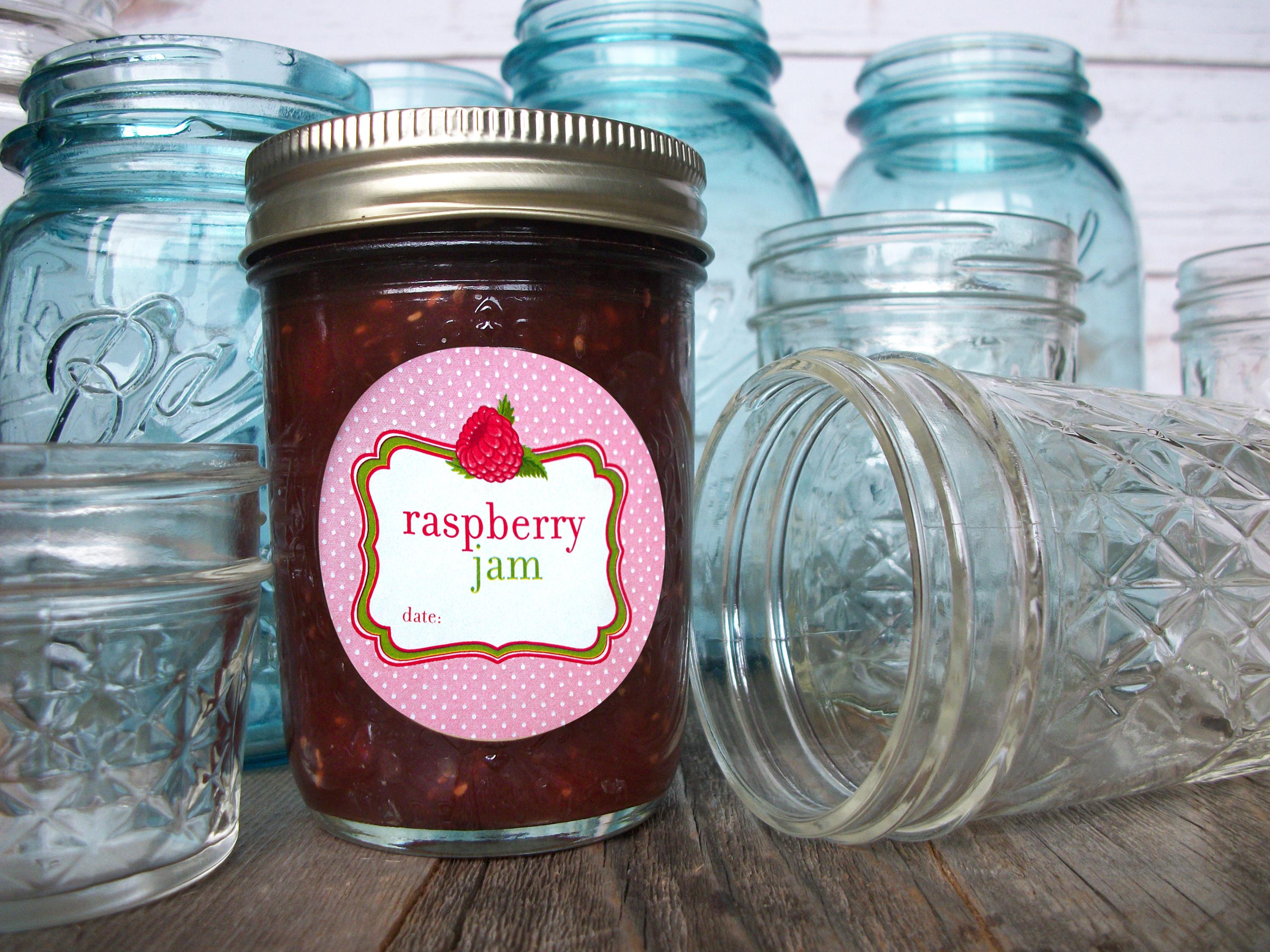 Label Red Raspberry Jam Red Raspberry Jam Canning Jar Labels, Round Cute Pink Mason Jar ...