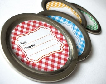 Classic Gingham canning jar labels, round mason jar stickers in red blue green yellow, regular or wide mouth jam & jelly jar labels