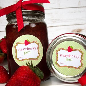 Cute Strawberry Jam canning jar labels, round printed polka dot mason jar stickers, fruit preservation, gifts for canners mom & grandma image 2