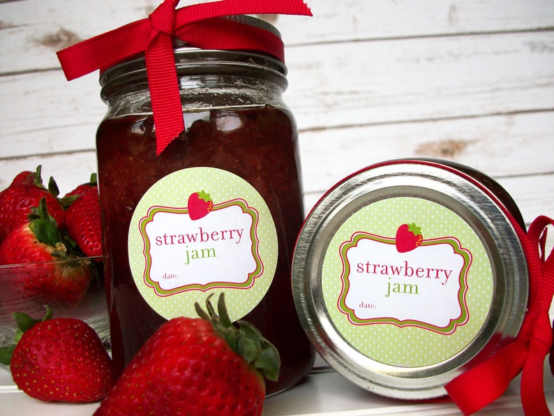 Cute Strawberry Jam canning jar labels, round printed polka dot mason jar stickers, fruit preservation, gifts for canners mom & grandma image 2