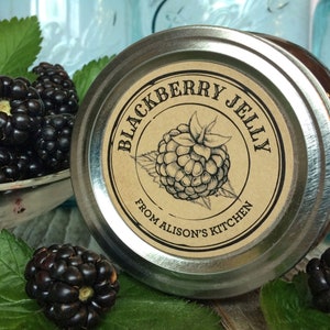 Custom Kraft Apothecary Blackberry canning labels for jam, jelly, pie filling, sugar scrub, round personalized printed mason jar stickers