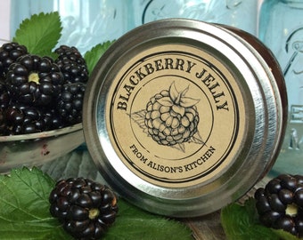 Custom Kraft Apothecary Blackberry canning labels for jam, jelly, pie filling, sugar scrub, round personalized printed mason jar stickers