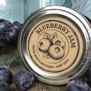 Custom Kraft Apothecary Blueberry canning labels for jam, jelly, pie filling, sugar scrub, round personalized printed mason jar stickers