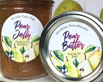 Custom Watercolor Pear canning labels, printed personalized round mason jar stickers for home canned jam jelly fruit butter & preserves