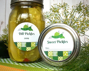 Country Quilt Pickle canning jar labels, round printed mason stickers for Dill, Kosher, Sweet, Bread & Butter Pickles, and Cucumber Relish