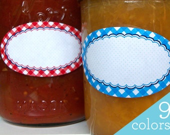 Oval Farmer's Market Gingham canning labels, jam & jelly mason jar stickers for food preservation in red blue green orange pink yellow
