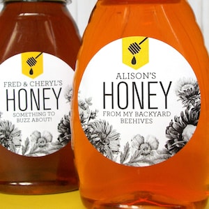 Custom Honey Dipper honey labels, round black and white flower honey canning jar bottle stickers customized & printed for backyard beekeeper