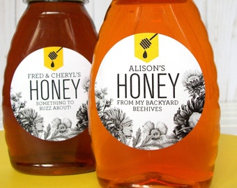 Custom Honey Dipper honey labels, round black and white flower honey canning jar bottle stickers customized & printed for backyard beekeeper
