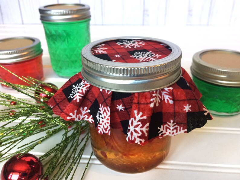 Puede incluir: Cuatro tarros de vidrio llenos de l&iacute;quido de colores, tres con tapas lisas y uno con una tapa de tela a cuadros rojos y negros con copos de nieve blancos. Los tarros est&aacute;n sobre una superficie blanca con decoraciones navide&ntilde;as verdes y rojas.