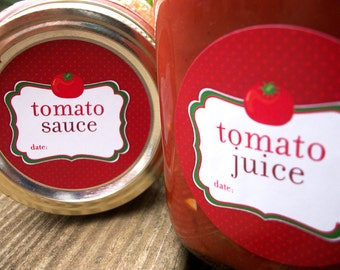 Tomato Juice, Sauce, Salsa, Spaghetti Sauce canning labels, round red mason jar labels for tomatoes, food preservation stickers