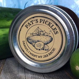 Custom Apothecary Pickle canning labels for relish, dill, sweet, bread & butter cucumbers, round personalized printed mason jar stickers